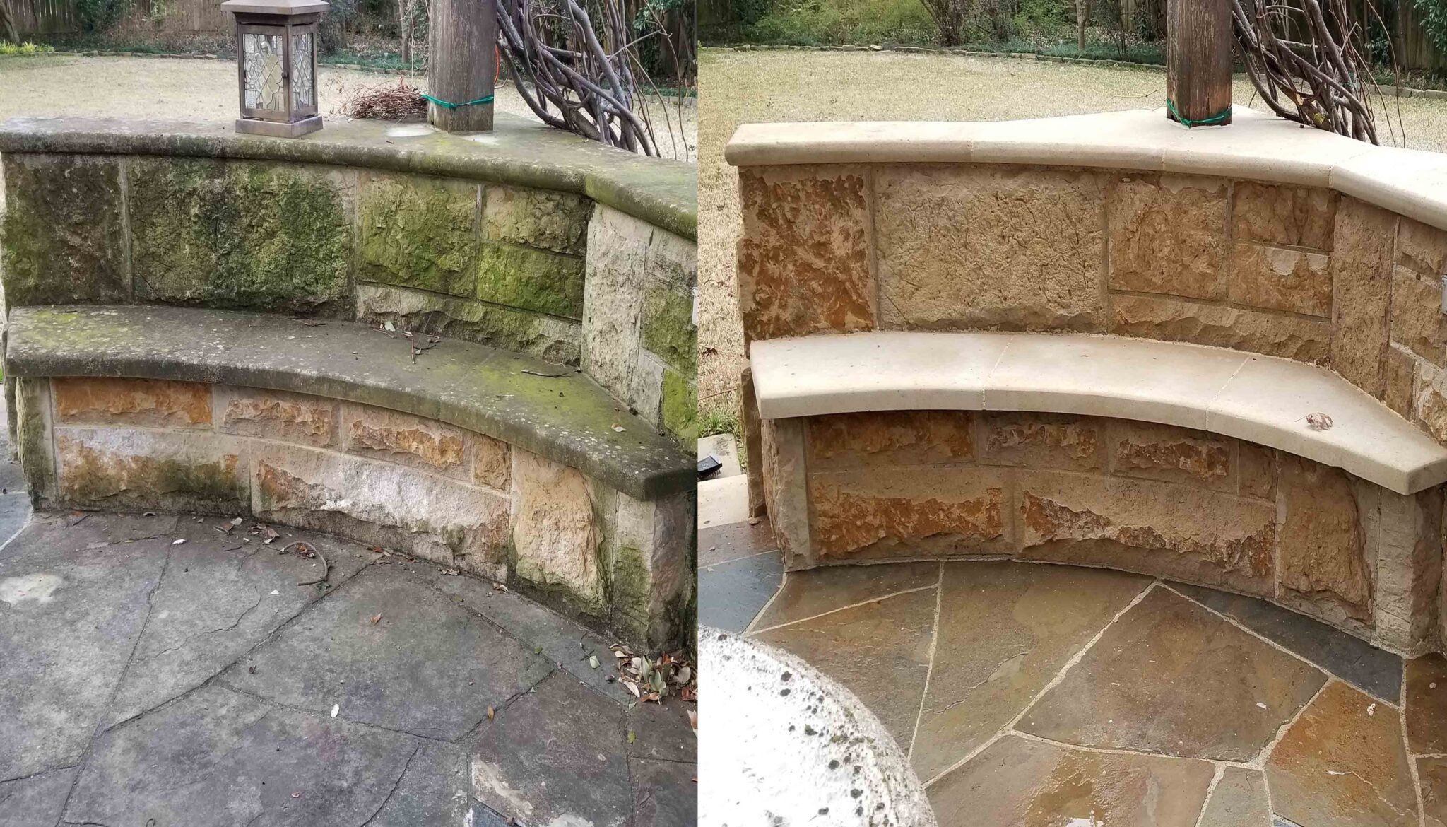 Residential pressure washing of mildew from stone outdoor kitchen area