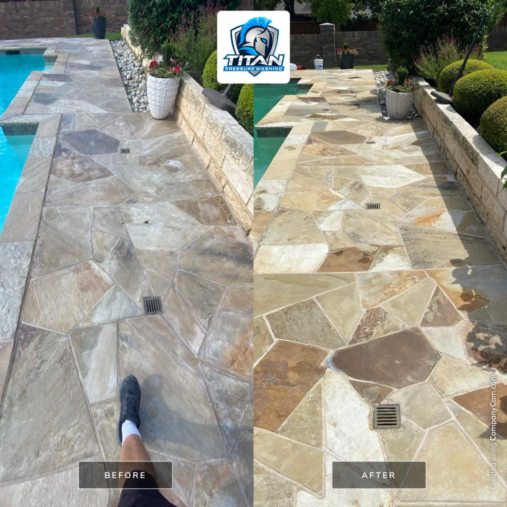 Before and after of removing old sealer from flagstone