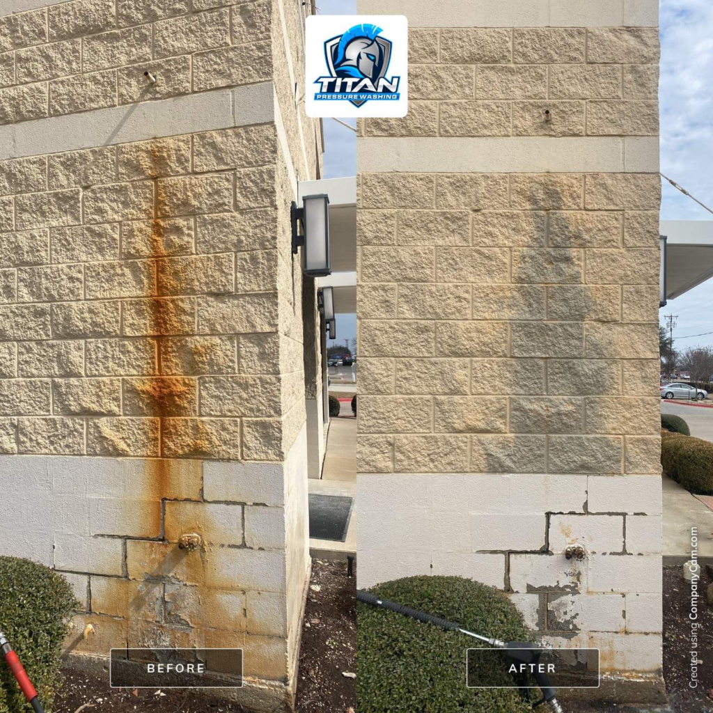 Before and after of rust stain removal from commercial building
