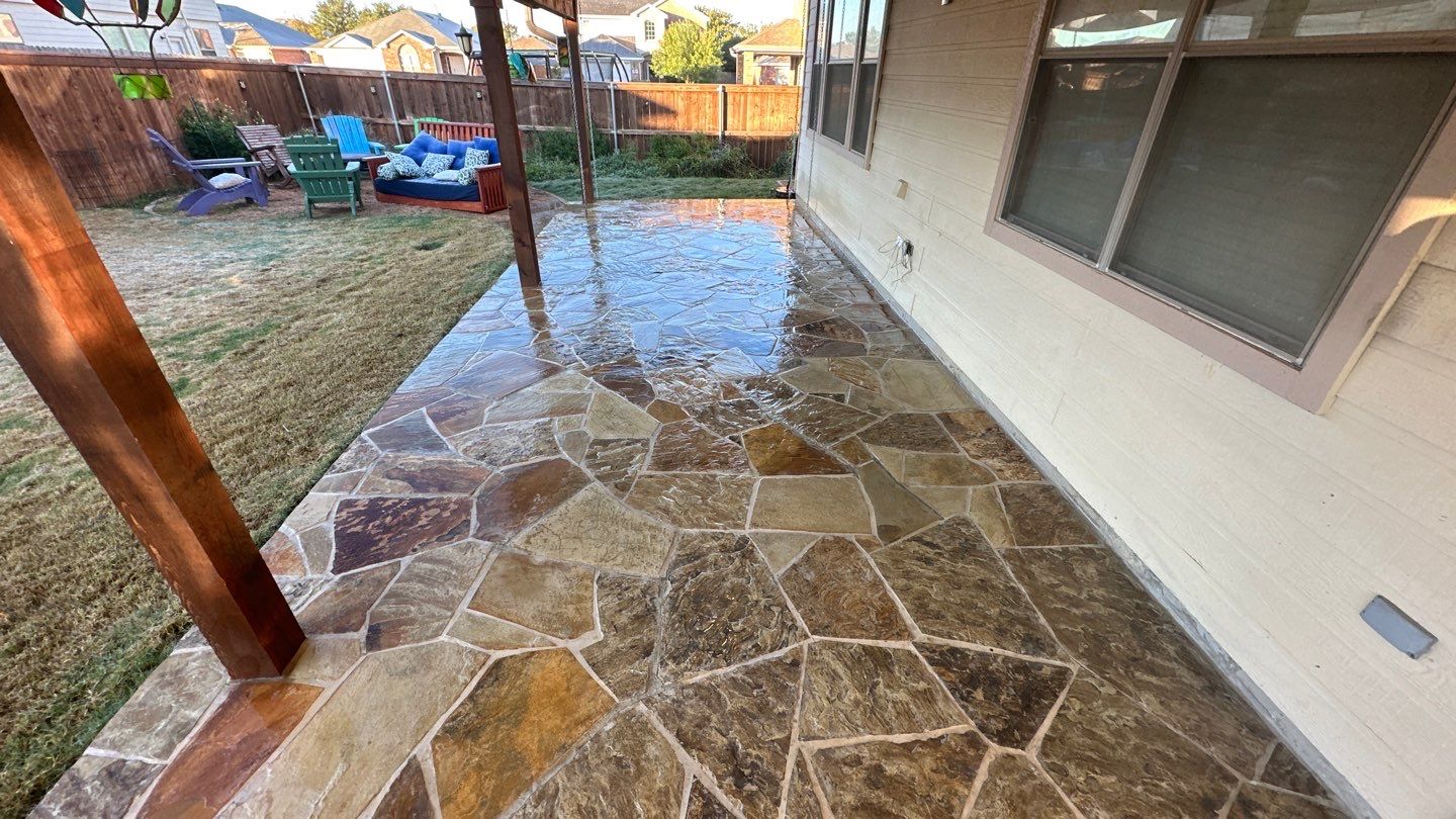 Freshly sealed flagstone patio