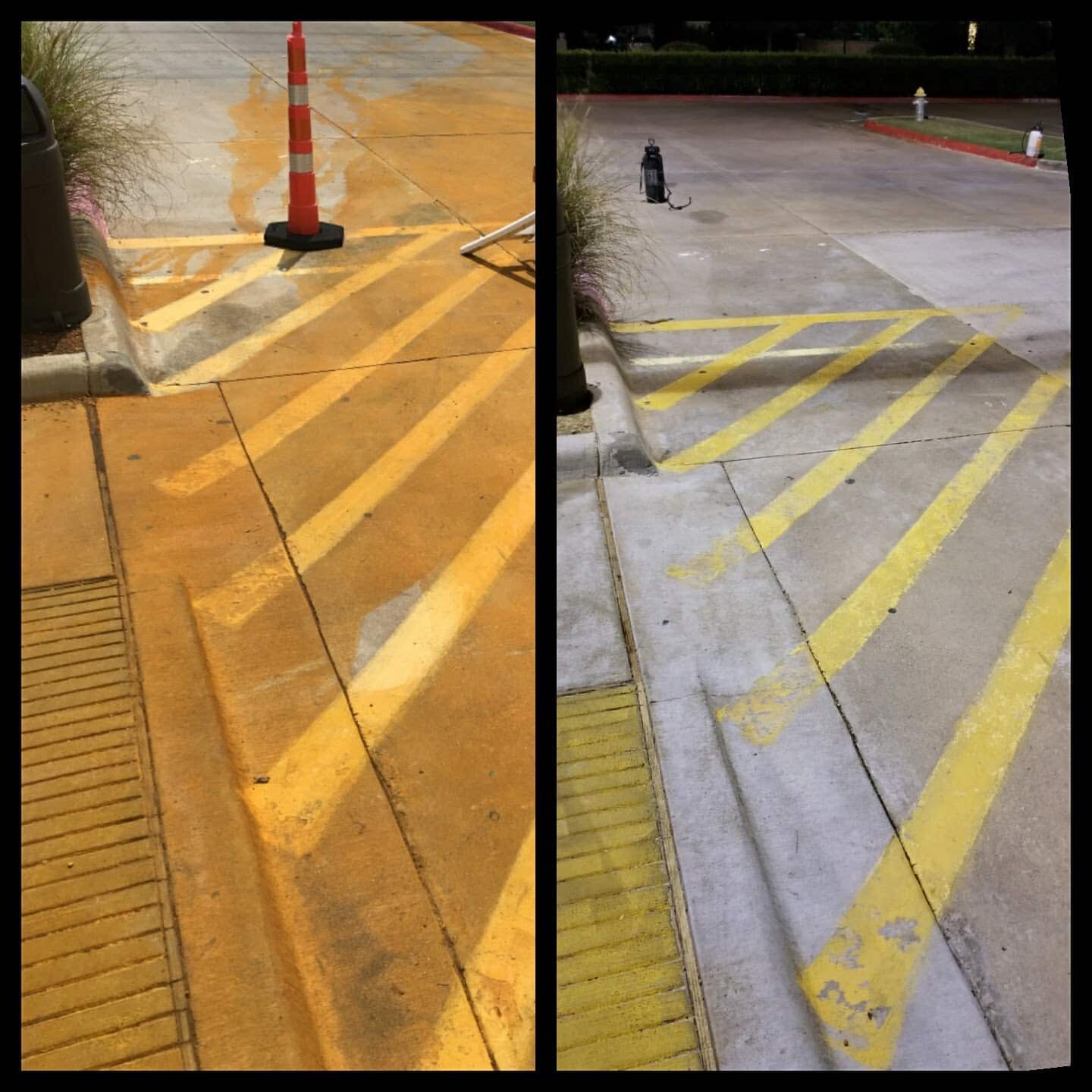 before / after of rust removal service on concrete parking lot
